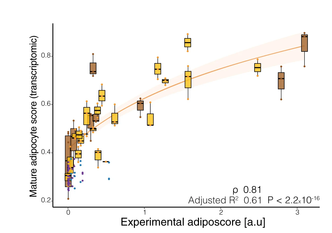 Relationship between the image-based adiposcore in (D) versus the transcriptomic-based “mature adipocyte score” from the same donor. Samples are grouped by depots (SC, yellow; PR, brown) and donors. Spearman correlation and adjusted R2 of y ∼ log(x + 1) (plotted orange line with 95% confidence interval) values are indicated.