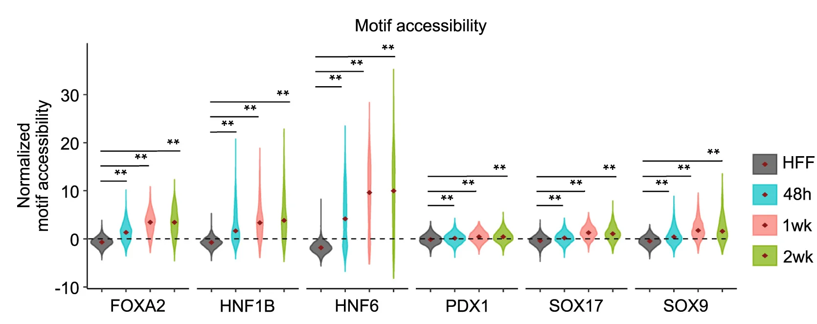 Violin plot showing the motif accessibility scores (Zscores) of individual TFs in the cells with 6F pool at three time points and in HFFs. (D–G) Two-sided Wilcoxon rank-sum test, FDR from Benjamini-Hochberg (BH) adjusted p values; n.s., not significant;*FDR < 0.01.**FDR < 0.001. See also Figures S4–S6.