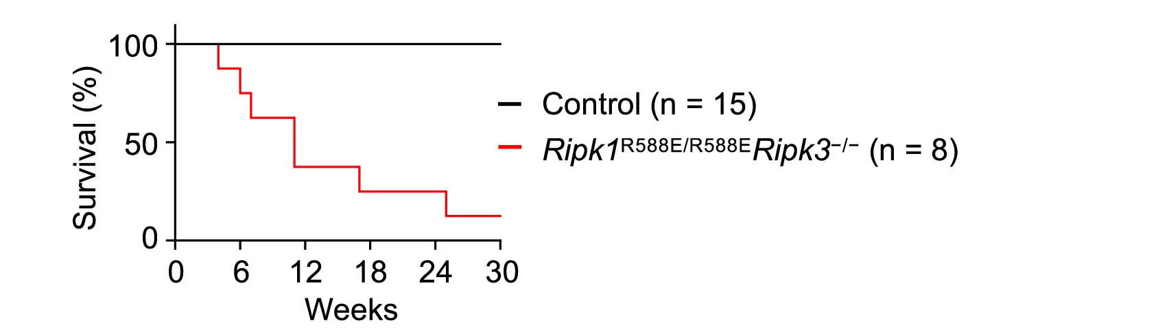 Kaplan-Meier survival graphs of mice with the indicated genotypes.