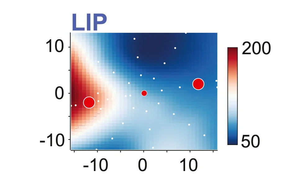 The RF of an example LIP neuron. The color map depicts the mean firing rate, interpolated across target locations (white circles), during the delay epoch of a visually guided saccade task. Red circles depict the location of the choice targets in the RDM task in this session.