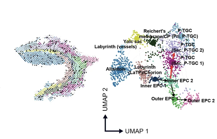 Left: spatial RNA velocity streamlines visualization of the directional flows. Right: RNA velocity PAGA graph predicting the developmental trajectory of the ectoplacental cone and P-TGCs in section E8.5 S1. Bins are colored by cluster identity, as in a .