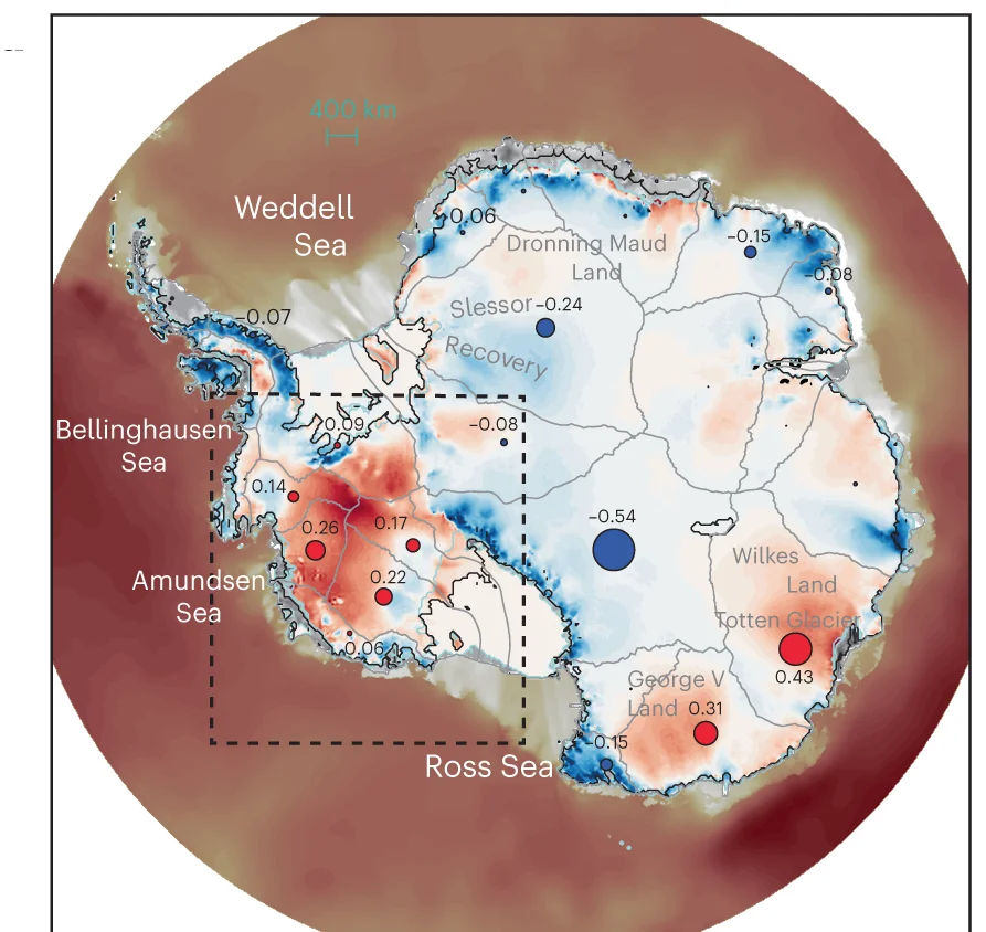 Change in AIS elevation (colours) and the corresponding sea-level contribution (numbers in units of metres) of the different Antarctic drainage sectors as well as ocean subsurface temperatures for RCP 2.6.