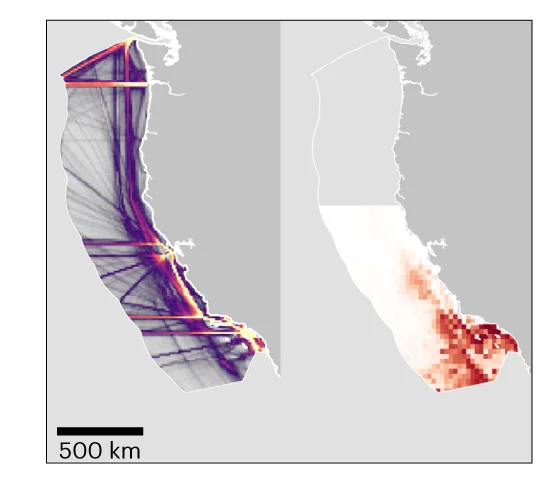 Areas of high (yellow) and low (purple) shipping traffic density from a 2019 monthly average (left) and areas of habitat suitability gain (red) and loss (blue) predicted from GAMs (right) shown in the national waters in the United States of America, marine region identification (ID), US part of the north Pacific Ocean.