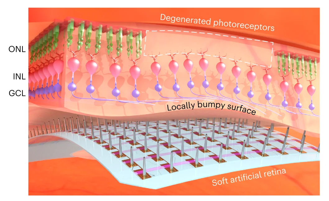 Schematic of the artificial retina integrated with the 3D LM microelectrodes in close proximity to the locally bumpy, retinal surface, due to the degeneration of photoreceptors. ONL, INL and GCL indicate the outer nuclear layer, inner nuclear layer and ganglion cell layer, respectively.