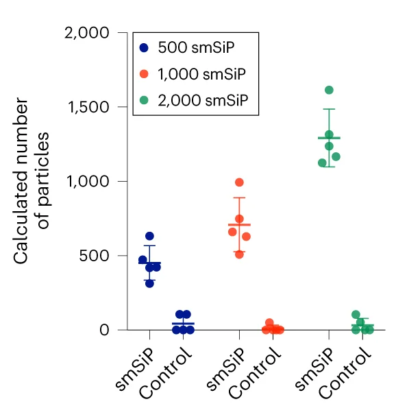 Number of smSiP experimentally observed in smSiP–counting beads or PBS 1x–counting beads mixtures after the sorting of 500, 1,000 and 2,000 particles from smSiP at 0.05 mg ml −1 and PBS 1x solutions ( n = 5).