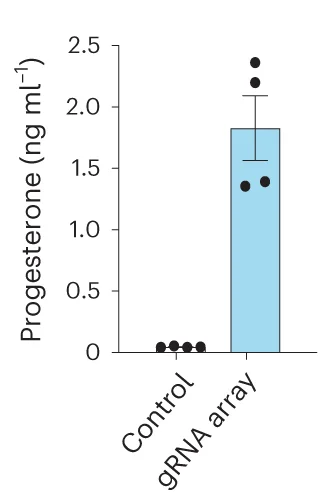 Secreted progesterone levels after mini-DREAM-transduced HEK293T cells were transfected with the indicated gRNA array or a nontargeting gRNA control plasmid. All samples were processed for qPCR or ELISA at 72 h post-transfection. Data are the result of 4 biological replicates for b , c , e , f , j , m and n , and 3 or 4 biological replicates for h . See the source data for more information. Data are presented as mean s.e.m. P values were determined using unpaired two-sided t -test. BH, bridge helix; eN, engineered NRF2; M, MRTF-A; PI, PAM-interacting domain; REC, recognition lobe; S, STAT1.