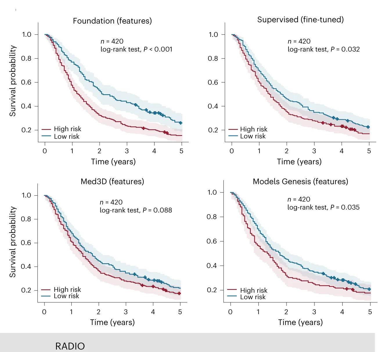 KaplanMeier curves for groups stratified by model predictions from the best performing among implementation approaches are shown for LUNG1. To ensure a fair comparison, we calculated the threshold to split the risk groups on the HarvardRT tuning set for each implementation. The 95% CI of the estimates is shown by error bands. The measure of centre for the error bands is the KaplanMeier estimate of the survival function. KaplanMeier curves for all approaches can be found in Extended Data Fig. 6.