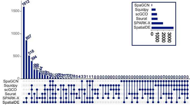 Upset plots displaying the distinct intersections of SVGs identified in FF endometrial adenocarcinoma ovarian tissue dataset when analysed with SpaGCN, Squidpy, scGCO, Seurat, SPARK-X and SpatialDE. Bar chart in box displays the total number of SVGs identified by each package.
