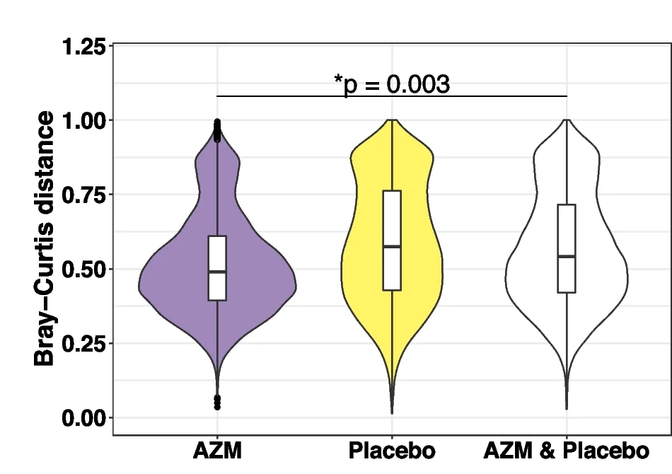 Comparison of AZM and placebo at 48 weeks using Bray-Curtis distance on unrarefied ASV counts.